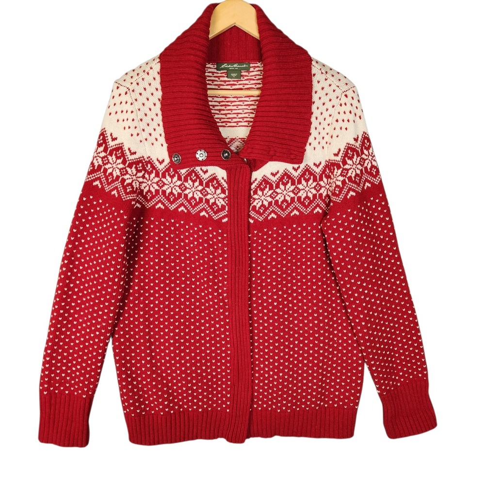 Eddie Bauer Fair Isle Wool Sweater Women's Large Tall Red Cardigan Holiday